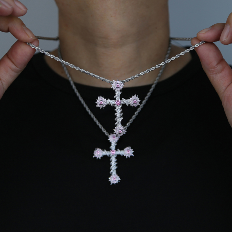 Hip Hop Cross Necklace: Sier Plated 5A Pink Cubic Zirconia Rose wer Pendant w/ Rope Chain for Men Women