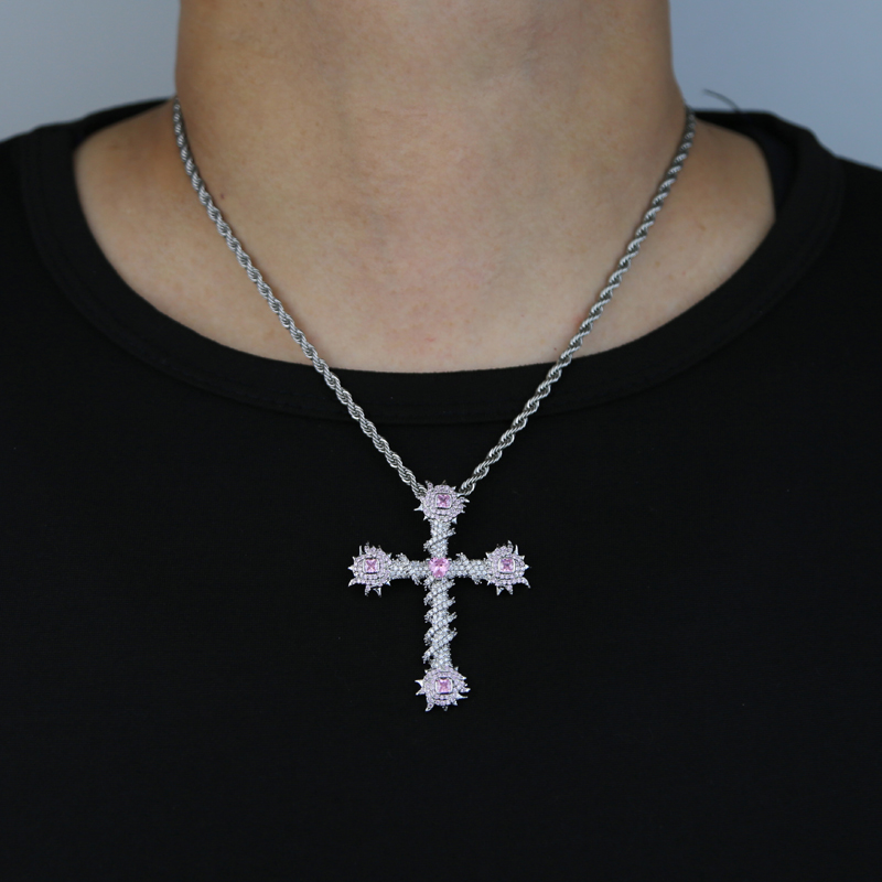 Hip Hop Cross Necklace: Sier Plated 5A Pink Cubic Zirconia Rose wer Pendant w/ Rope Chain for Men Women