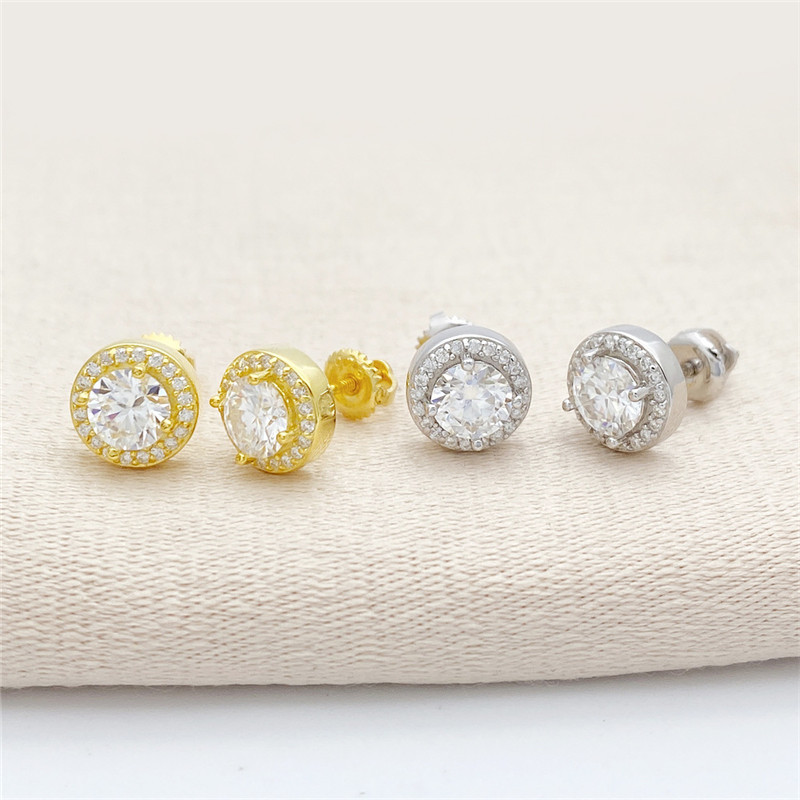 New Fashion Sterg Sier Gold Plated Bg Moissanite Round Studs Earrings for Men Women Jewelry Nice Gift