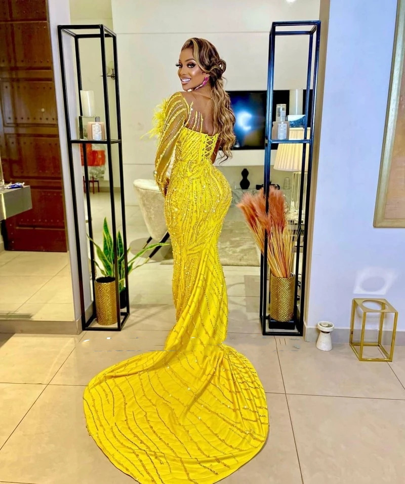 Bright Yellow Ormal Evening Dresses Mor Beading Sheer Neck One Shoulder African Feathers Women Mermaid Prom Gowns Party Dress