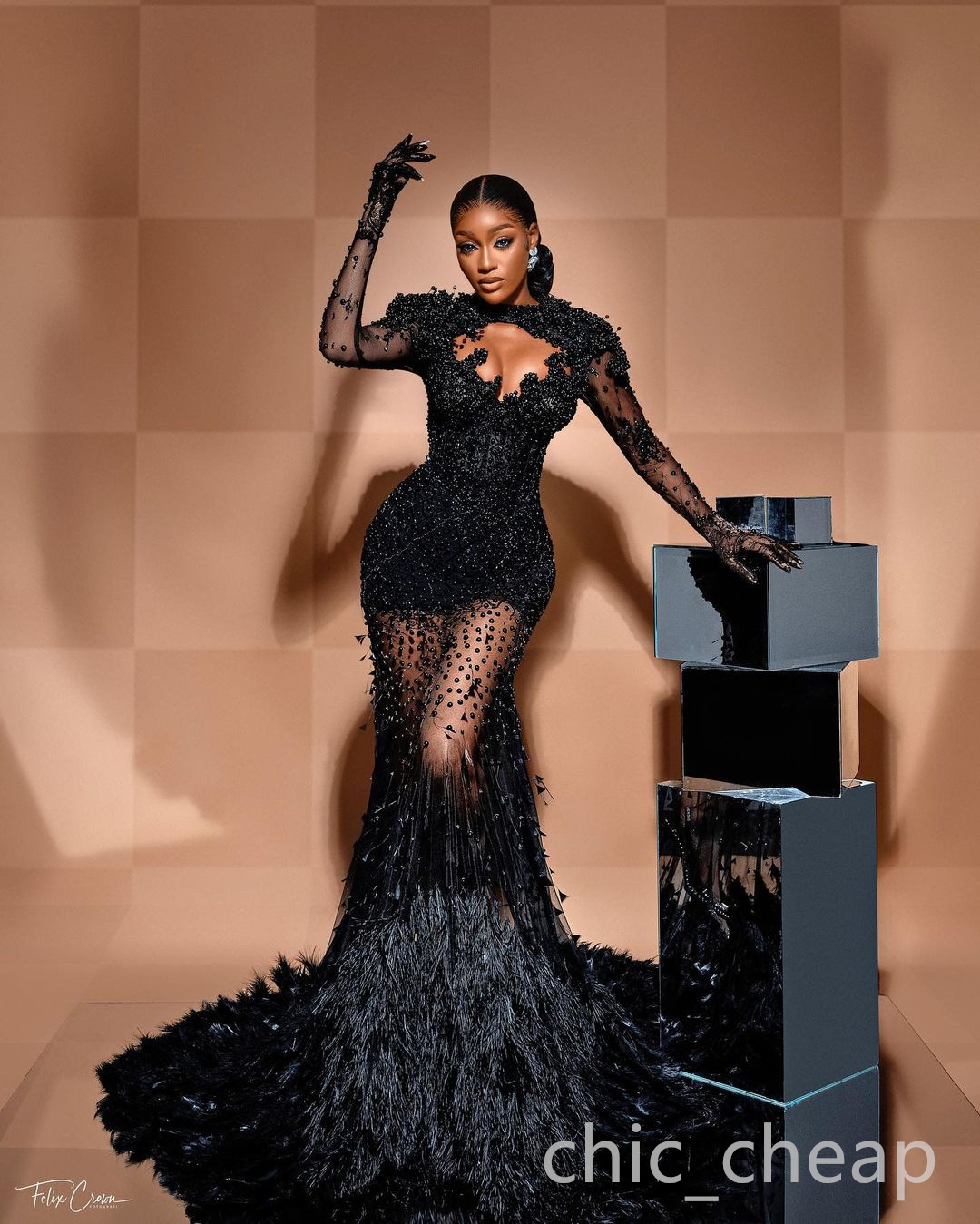 Arabic Aso Ebi Black Mermaid Prom Dresses Lace Pearls Feather Evening Formal Party Second Reception Birthday Engagement Gowns Dress ZJ