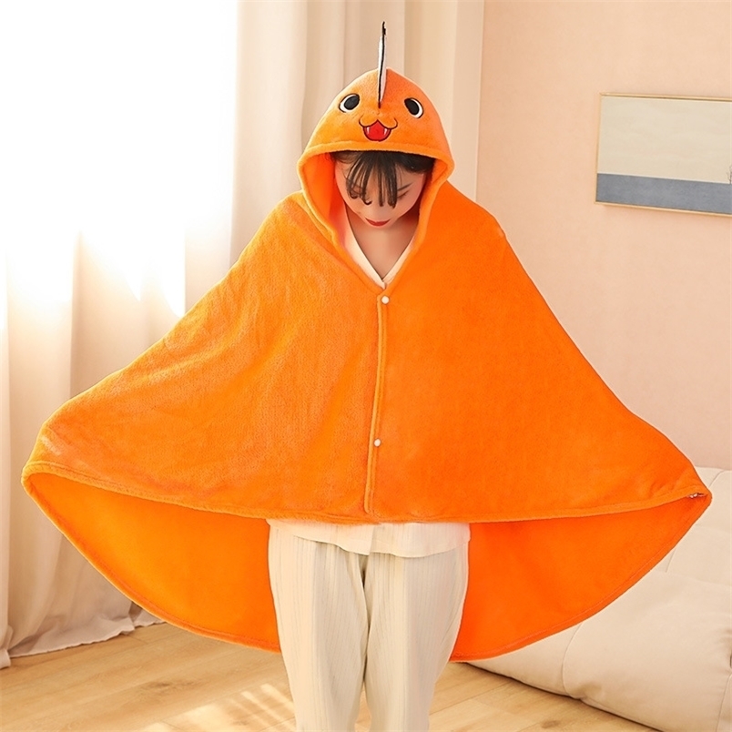 Blankets Swaddling High Quality Cute Chainsaw Man Anime Plush Blanket Quanxi Pochita Cloak Cosplay Props Kawaii Gifts For Fans Child Kids 221103