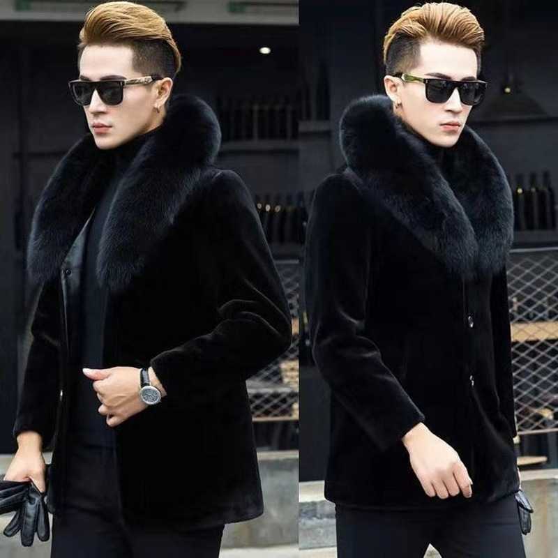 Men's Fur Faux Fur Winter Faux Fur Collar Mens Velvet Thick Warm Fluffy Coat Long Sleeve Casual Black Windbreaker Artificial Mink Jacket Male E473 T221102