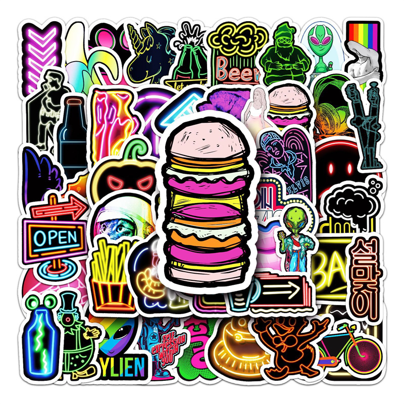 53PCS Cool Cartoon Neon Car Stickers For Kids Laptop Diary Water Bottles Bike Skateboard Suitcase Laptop Notebook DIY Personalize Waterproof Sticker D