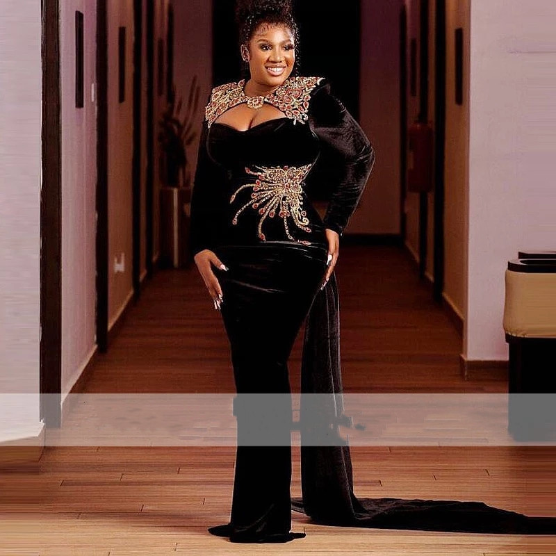 Aso Ebie Mermaid Prom Dresses Black Veet Court Train Crystal Rhinestones African Party Evening Gowns For Birthday Robe De Soiree