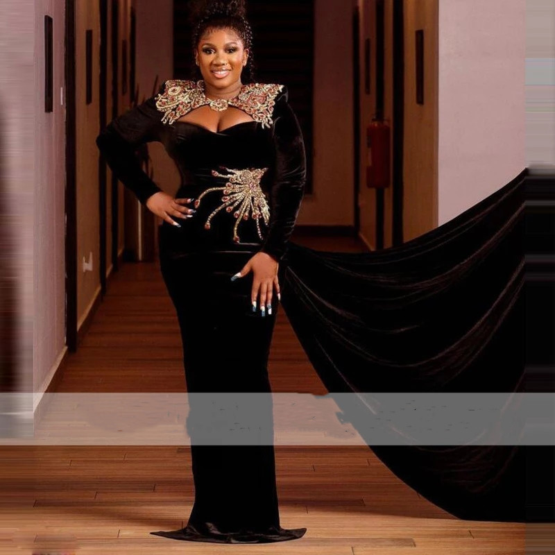 Aso Ebie Mermaid Prom Dresses Black Veet Court Train Crystal Rhinestones African Party Evening Gowns For Birthday Robe De Soiree