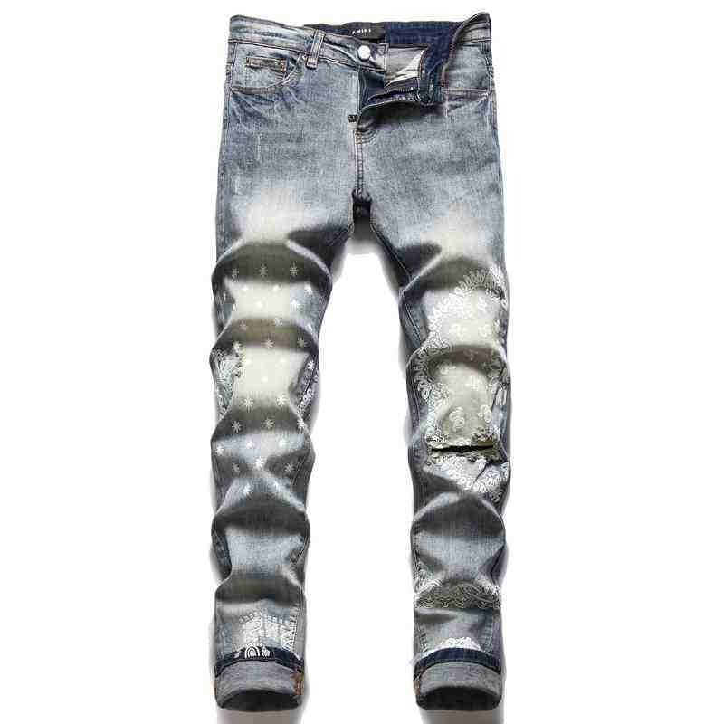 amirs brand style blue hole print slim fit elastic small foot fashion trendy men's jeans, Picture color
amirs brand style blue hole print slim fit elastic small foot fashion trendy men's jeans, Picture color