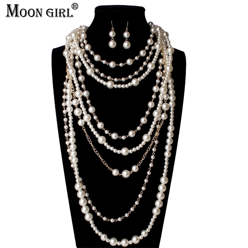 Beaded Necklaces MOON GIRL Multi-layer Simulated Pearls Chain Long Trendy Statement Choker for women Fashion Jewelry 221102