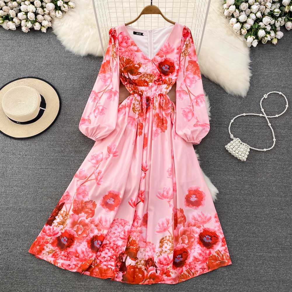 High sense V-neck elegant dress Bubble long sleeve waist tight print a-line dress, Pink
High sense V-neck elegant dress Bubble long sleeve waist tight print a-line dress, Pink