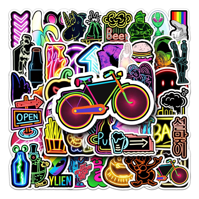 53PCS Cool Cartoon Neon Car Stickers For Kids Laptop Diary Water Bottles Bike Skateboard Suitcase Laptop Notebook DIY Personalize Waterproof Sticker D