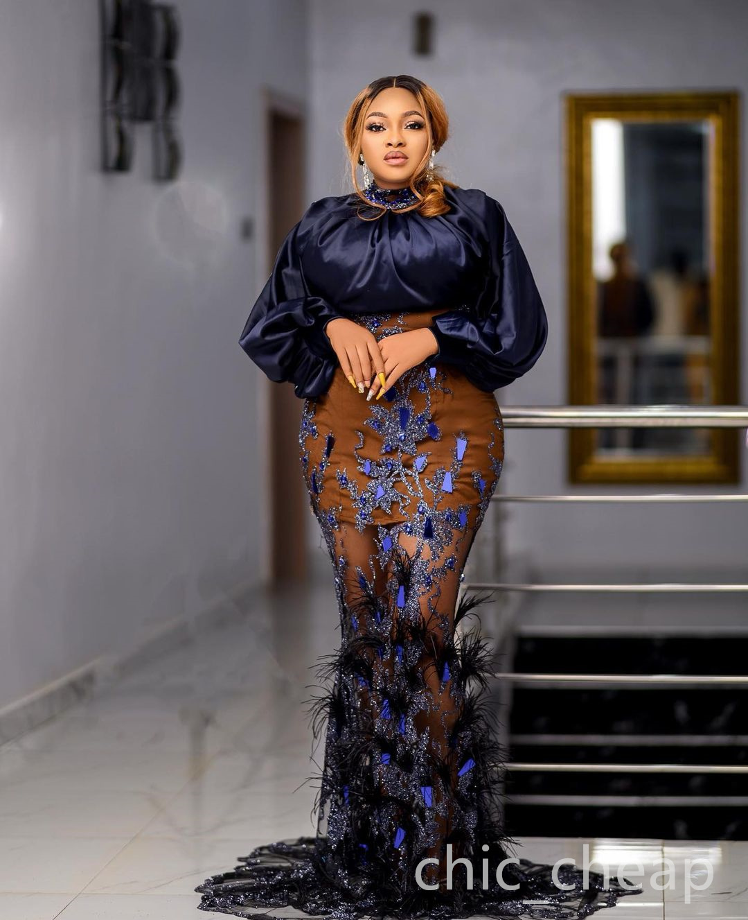 Arabic Aso Ebi Mermaid Luxurious Prom Dresses Beaded Crystals Feather Evening Formal Party Second Reception Birthday Engagement Gowns Dress AZJ