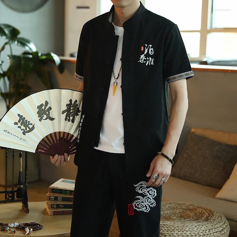 Ethnic Clothing Summer Traditional Chinese Style Linen Tang Suit Hanfu Men Casual Print Short Sleeve T-Shirt Kungfu Clothes 30552