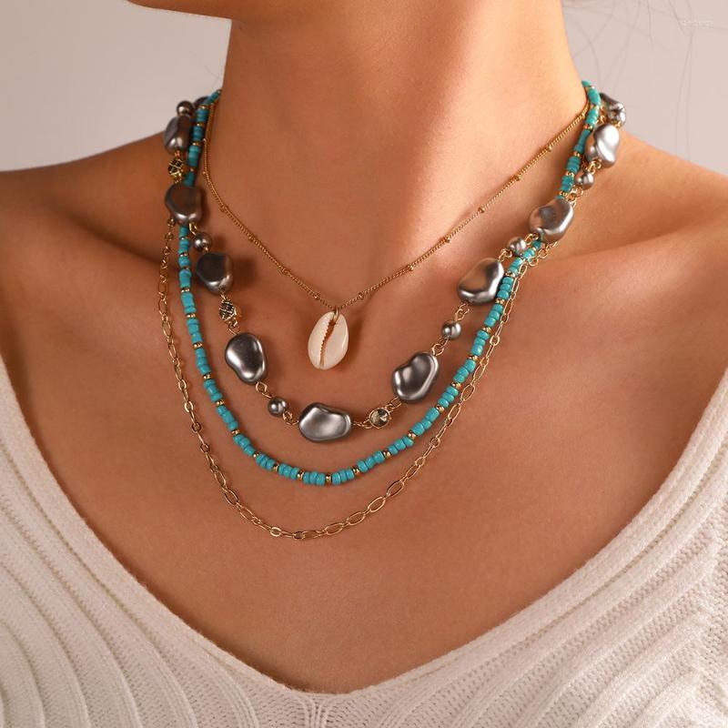 Choker Gold Color Blue Beads Multi-layers Shell Pendant Necklace Statement 
Choker Gold Color Blue Beads Multi-layers Shell Pendant Necklace Statement
