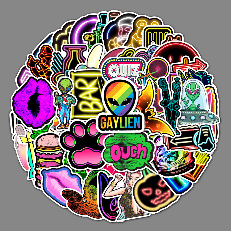 53PCS Cool Cartoon Neon Car Stickers For Kids Laptop Diary Water Bottles Bike Skateboard Suitcase Laptop Notebook DIY Personalize Waterproof Sticker D