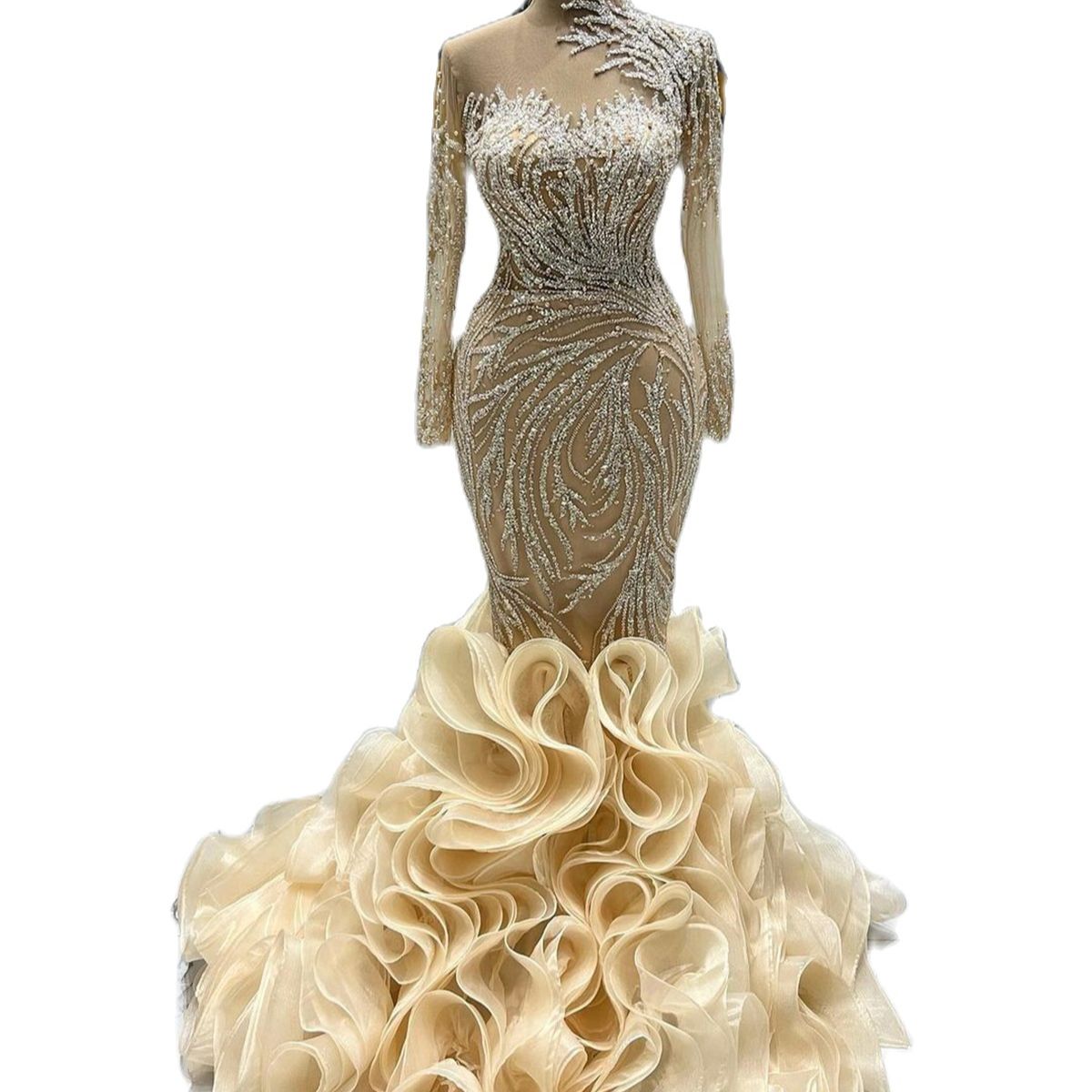 Exquisite Mermaid Wedding Dresses Champagne Lace urious Tiered Ruffles Train Bridal Gowns Dress Arabic Aso Ebi