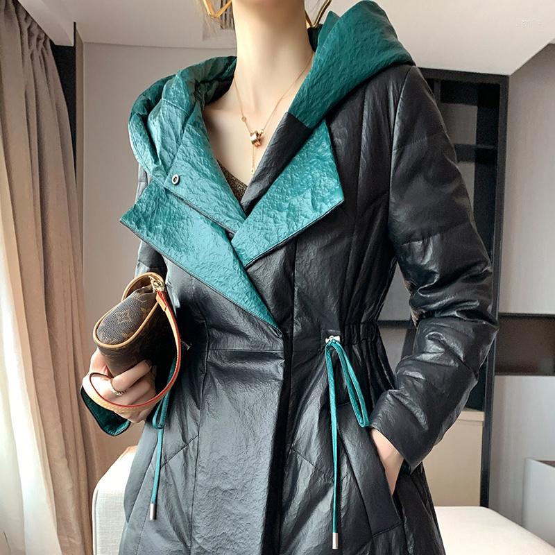 

Women' Leather Winter Women' Genuine Jacket Casual Contrast Sheepskin Hooded Lapel Waist Lace Up 2022, Black grey stock
