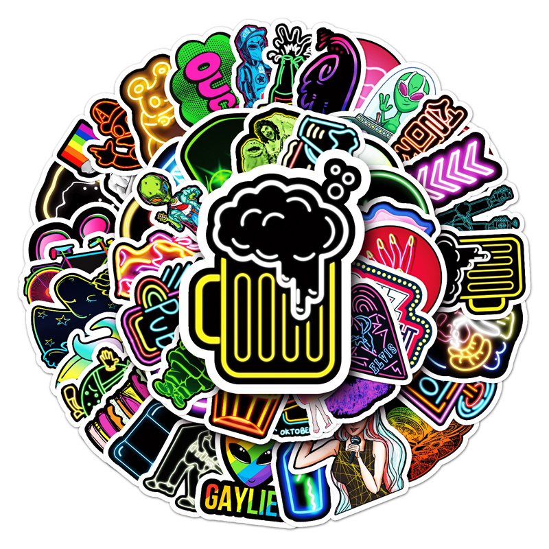 53PCS Cool Cartoon Neon Car Stickers For Kids Laptop Diary Water Bottles Bike Skateboard Suitcase Laptop Notebook DIY Personalize Waterproof Sticker D