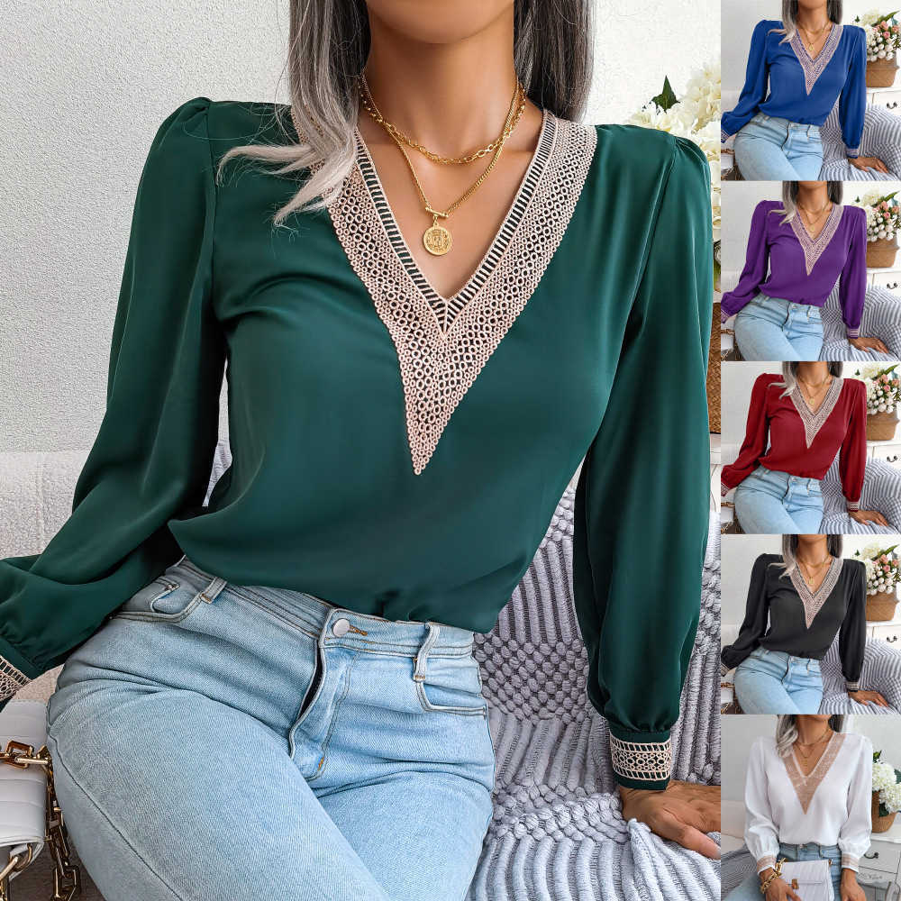 Women 2022 New Autumn Winter Elegant Lace V Neck Long Sleeve Solid Color Chiffon Shirt Blouses For Ladies Fashion Chic Tops, White 
Women 2022 New Autumn Winter Elegant Lace V Neck Long Sleeve Solid Color Chiffon Shirt Blouses For Ladies Fashion Chic Tops, White