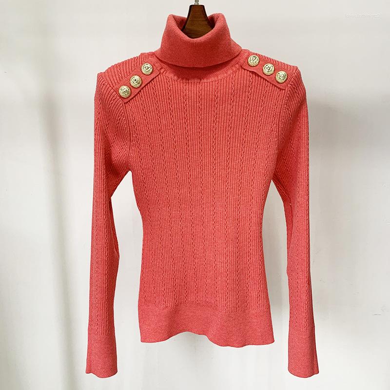 Women's Sweaters Coral Red Black Turtleneck Pullover Sweater For Women Spring Fashion Shoulder With Gold Lion Button