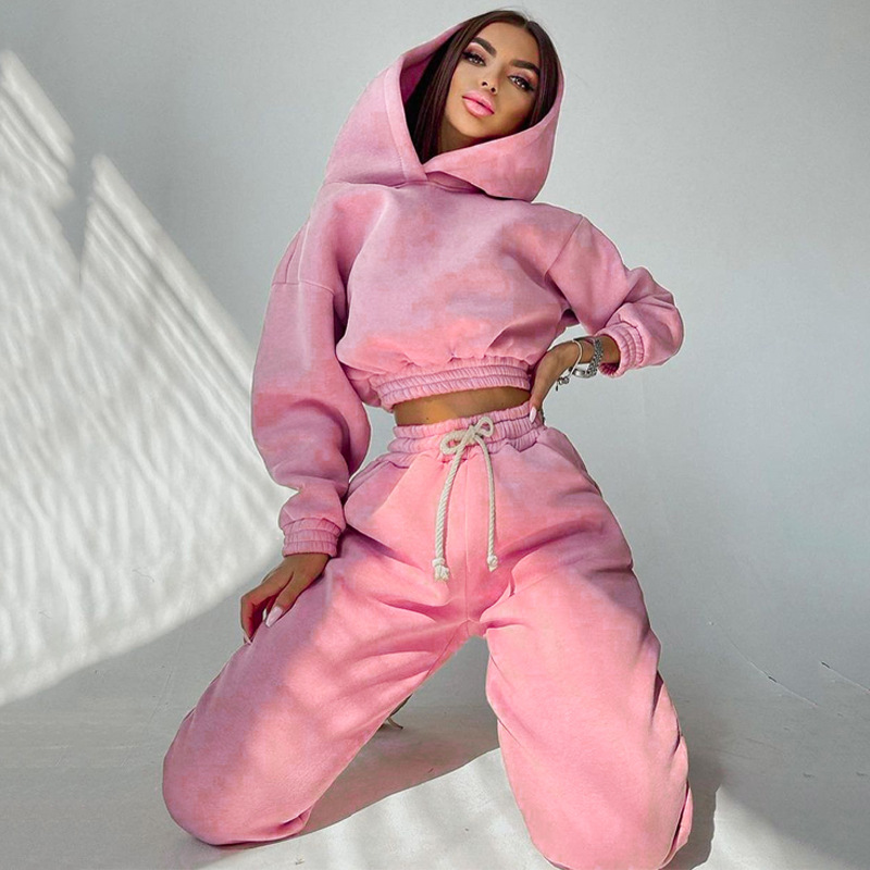 Women' Two Piece Pants 2022 new spring and summer fashion hooded long-sleeved jacket slim body lacing small feet trouser suit female wholesale, Khaki
