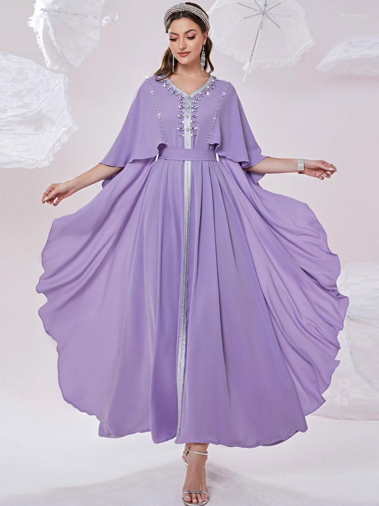 

Ethnic Clothing Arabian Evening Kaftan Long Dress Handsewn Rhinestones Irregular Hem Butterfly Sleeve Muslim Dresses Dubai Abaya Lavender