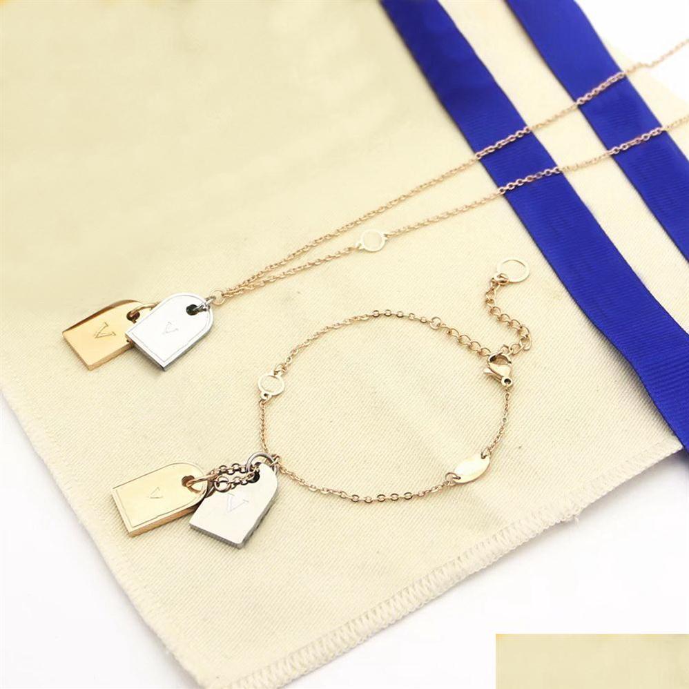 Bracelet Necklace Fashion Necklace Bracelet Jewelry Sets Man Lady Women Metal Engraved Initials Double Square Pendant Nanogram Tag Dhfri