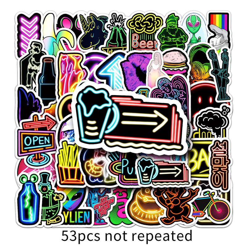 53PCS Cool Cartoon Neon Car Stickers For Kids Laptop Diary Water Bottles Bike Skateboard Suitcase Laptop Notebook DIY Personalize Waterproof Sticker D