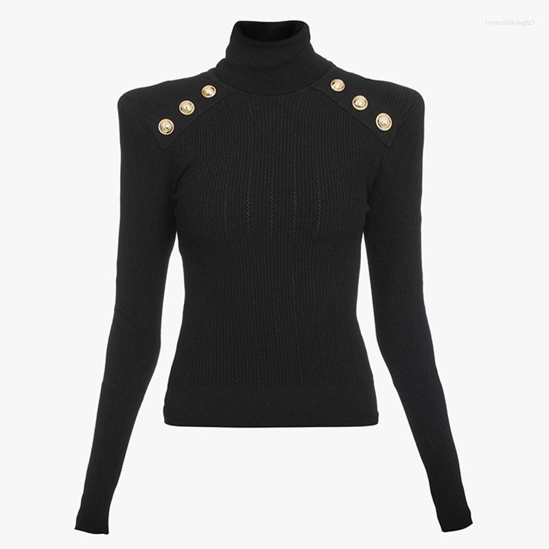 Women's Sweaters Coral Red Black Turtleneck Pullover Sweater For Women Spring Fashion Shoulder With Gold Lion Button