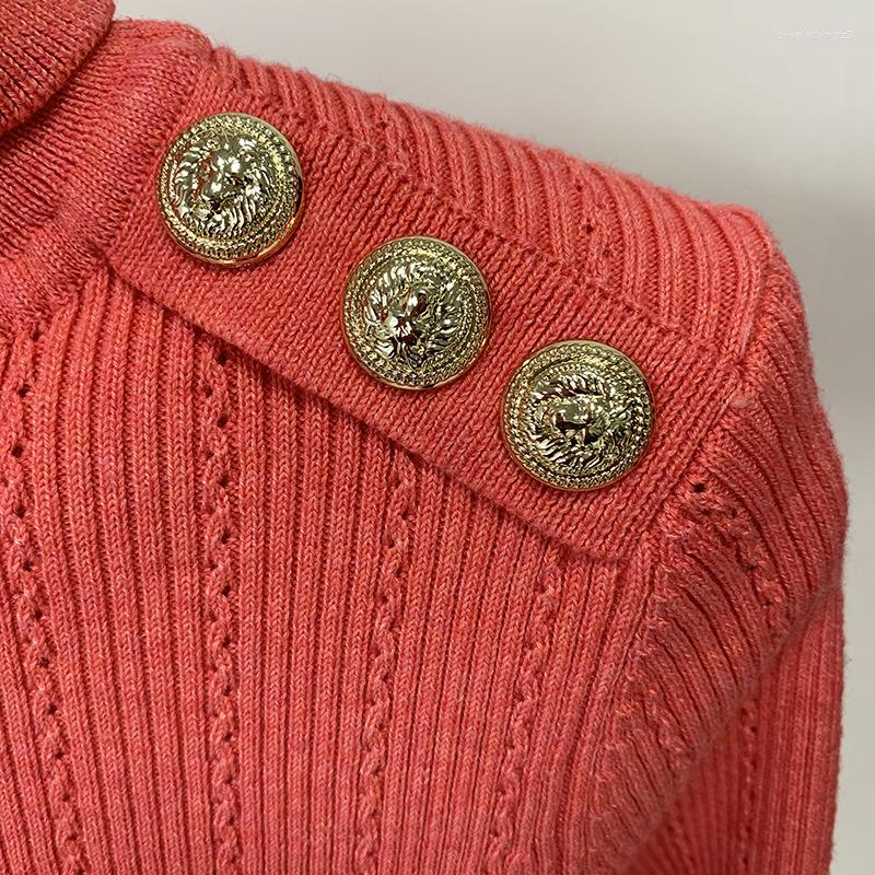 Women's Sweaters Coral Red Black Turtleneck Pullover Sweater For Women Spring Fashion Shoulder With Gold Lion Button