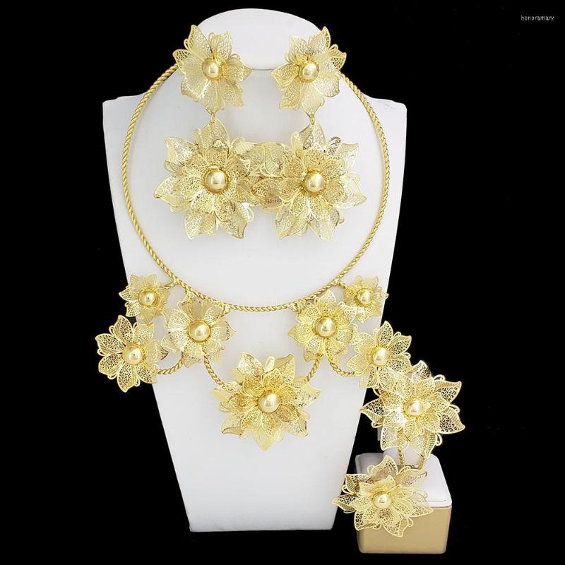 Necklace Earrings Set Gold Plated Luxury Jewelry For Women African Dubai Brazil Big Flower Bracelet Ring Wedding Party, Picture shown
Necklace Earrings Set Gold Plated Luxury Jewelry For Women African Dubai Brazil Big Flower Bracelet Ring Wedding Party, Picture shown