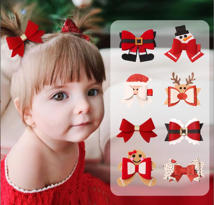 Ins 8 Colors About 2.36 inch Christmas Paillette hair Bow girl Barrettes Girls Accessories Lucky Deer Horn kids party clipper Gift