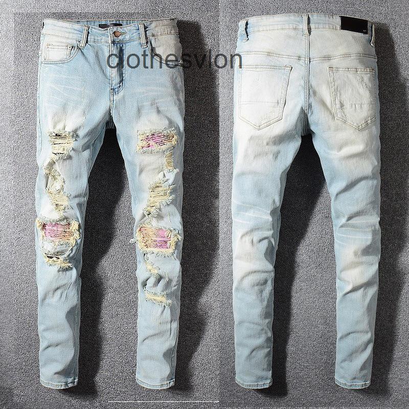 

Fashion Jeans Designer Amirs Jean Mens 589 High Street Brand Men's Personality Wear Patch Broken Splicing Slim Fit Pants YvG, Light blue