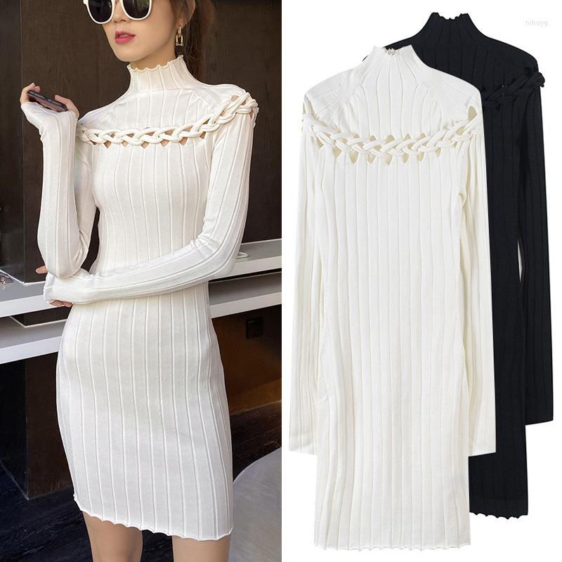 Casual Dresses Half Turtleneck Twisted Rope Hollow Out Vertical Striped Knitted Dress Black White One Piece High End Sexy Lady
Casual Dresses Half Turtleneck Twisted Rope Hollow Out Vertical Striped Knitted Dress Black White One Piece High End Sexy Lady