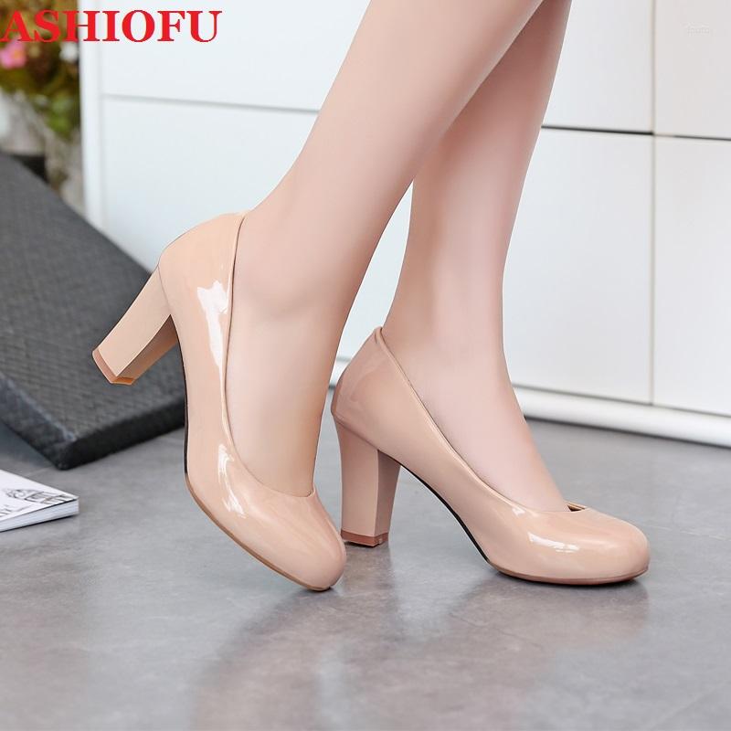 

Dress Shoes ASHIOFU 2022 Handmade Ladies Style Thick Heels Pumps Tendon Bottom Party Prom Large Size Classic Fashion Court, Beige