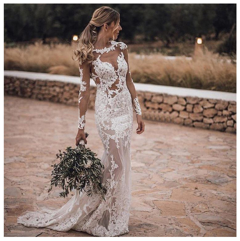 Sexy Illusion Sweetheart Lace Applique Mermaid Wedding Dresses Long Sleeves Bridal Gowns Open Back Formal White Wedding Bri