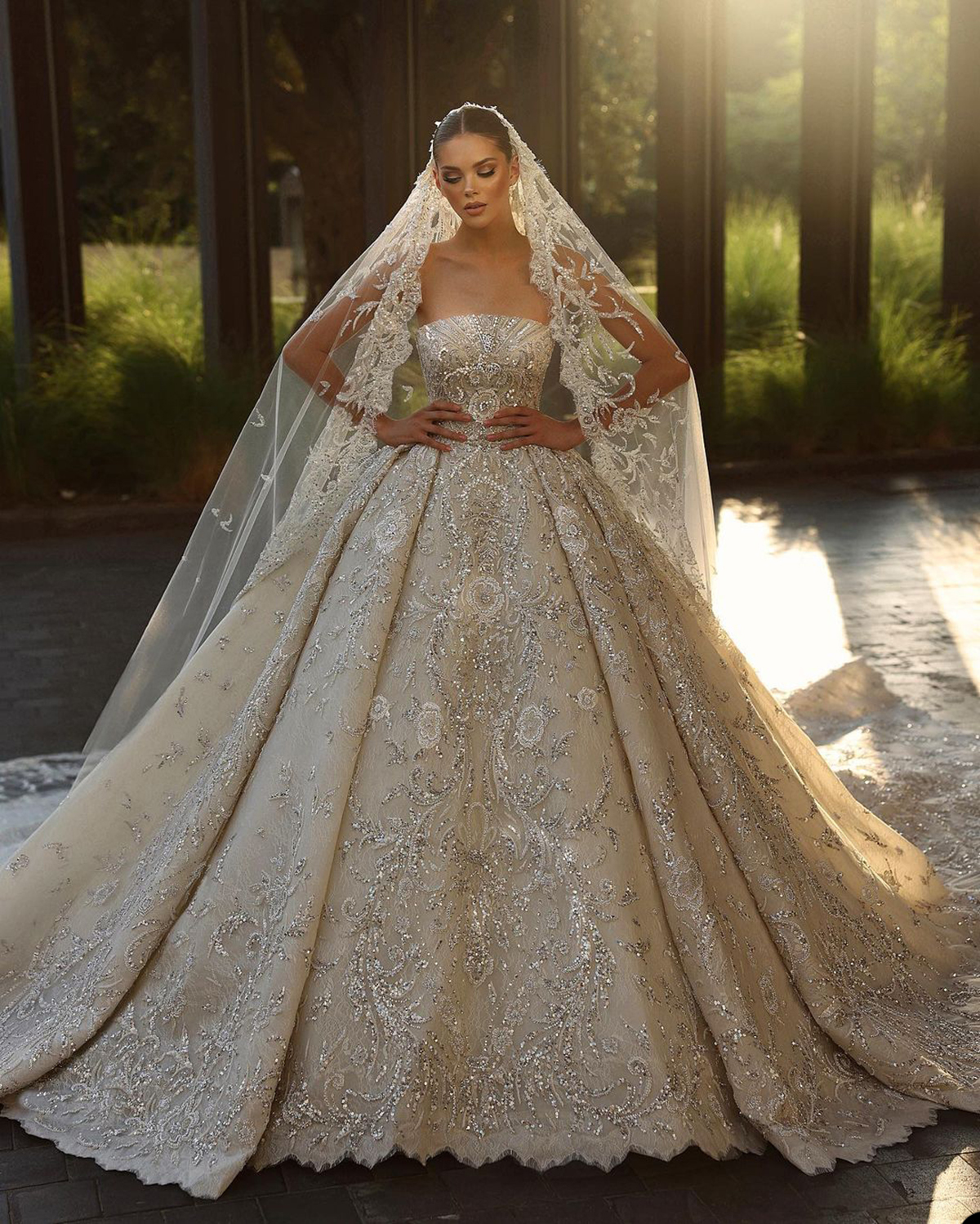 Exquisite Shiny Wedding Dresses Strapless Sleeveless Ball Gown Sequins Lace Applique Aso Ebi Bridal Gowns Arabic Dubai