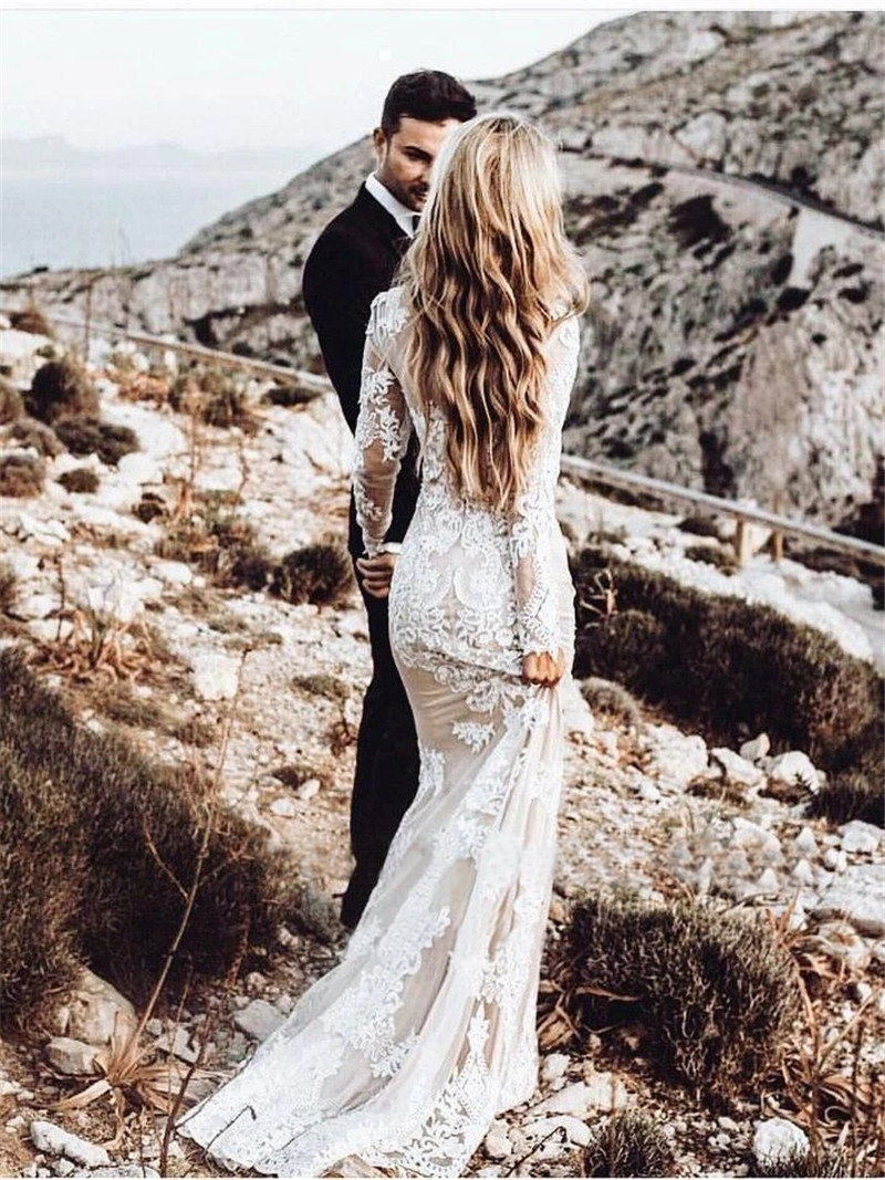 Verngo Boho Wedding Dress Lace Long Sleeves Bride Dresses Mermaid Nude Lining Bridal Gown White Ivory Spring Country Vestidos