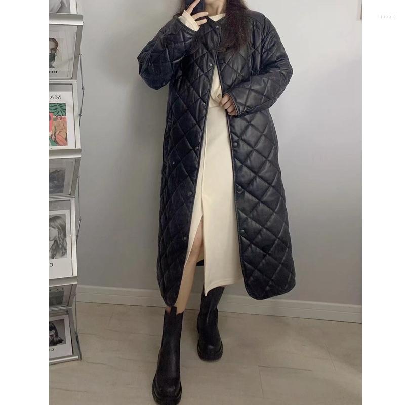 Women's Leather Lugentolo Long Balck Faux Coat Women Retro Round Neck Long-sleeved Single-breasted Black Cotton Jacket
Women's Leather Lugentolo Long Balck Faux Coat Women Retro Round Neck Long-sleeved Single-breasted Black Cotton Jacket