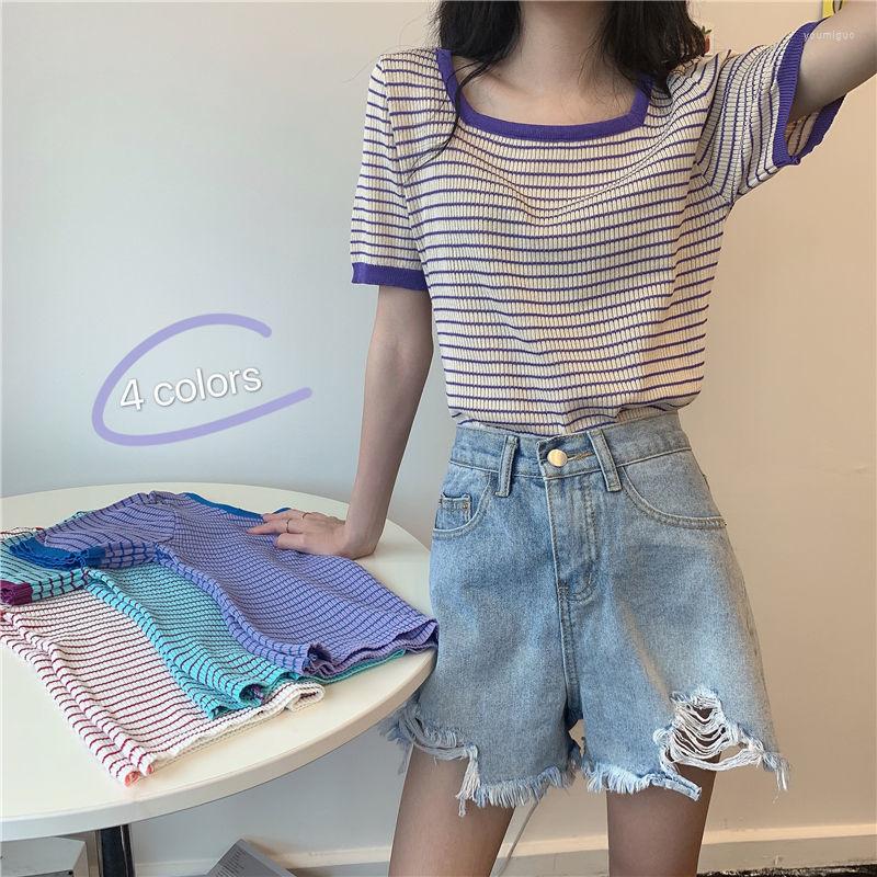Women's T Shirts Woman TShirts Striped Knitwear Short Sleeve T-shirt Women's Summer Loose Square Collar Top Crop Mujer Camisetas, 9a19 vermicelli 
Women's T Shirts Woman TShirts Striped Knitwear Short Sleeve T-shirt Women's Summer Loose Square Collar Top Crop Mujer Camisetas, 9a19 vermicelli