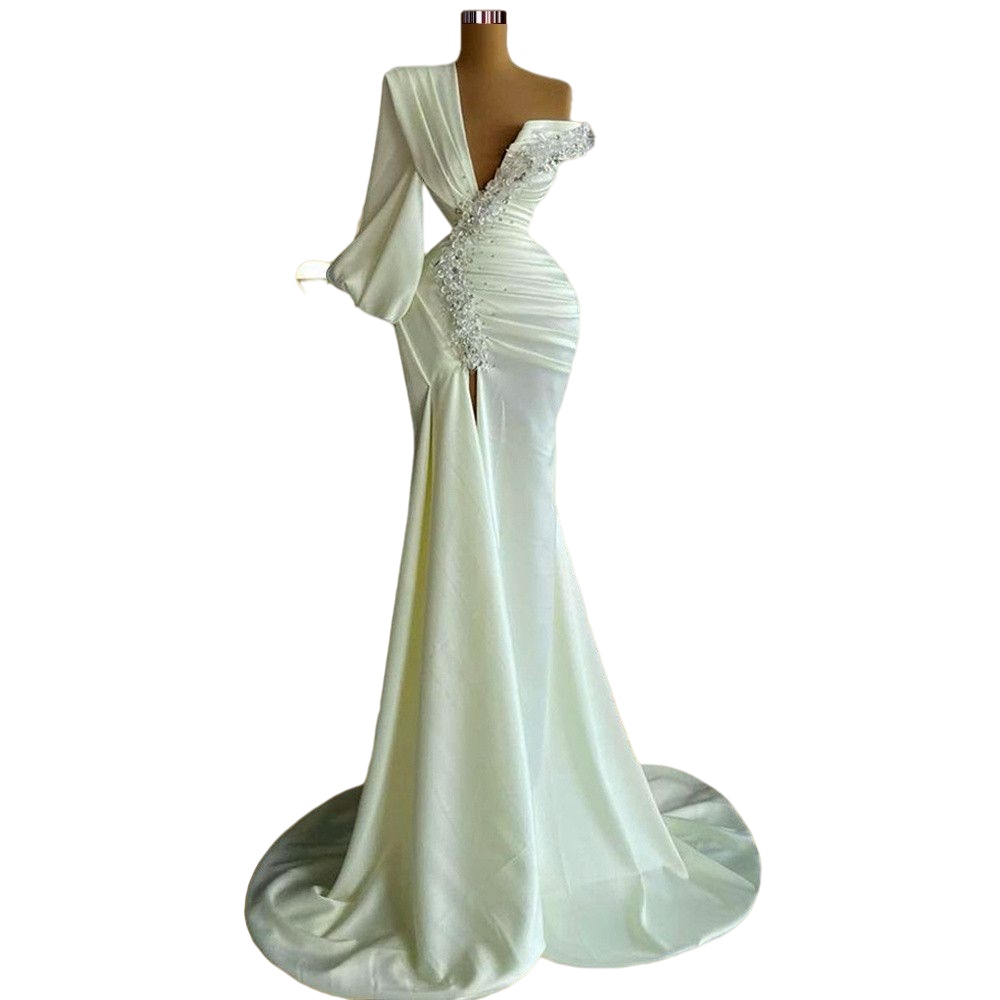 One Shoulder Mermaid Prom Dresses 2023 mint green stain long sleeve Crystals Ruched Front Split arabic Evening Dress