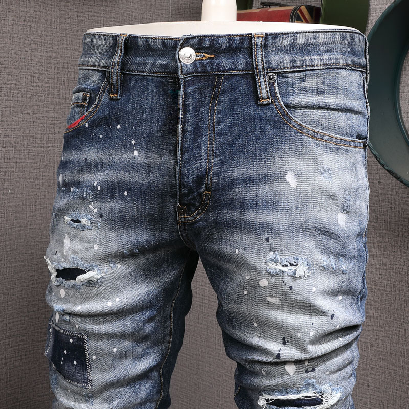 Man Motocycle Jeans Super Damage Dark Wash Blue Cowboy Patches Denim Cotton