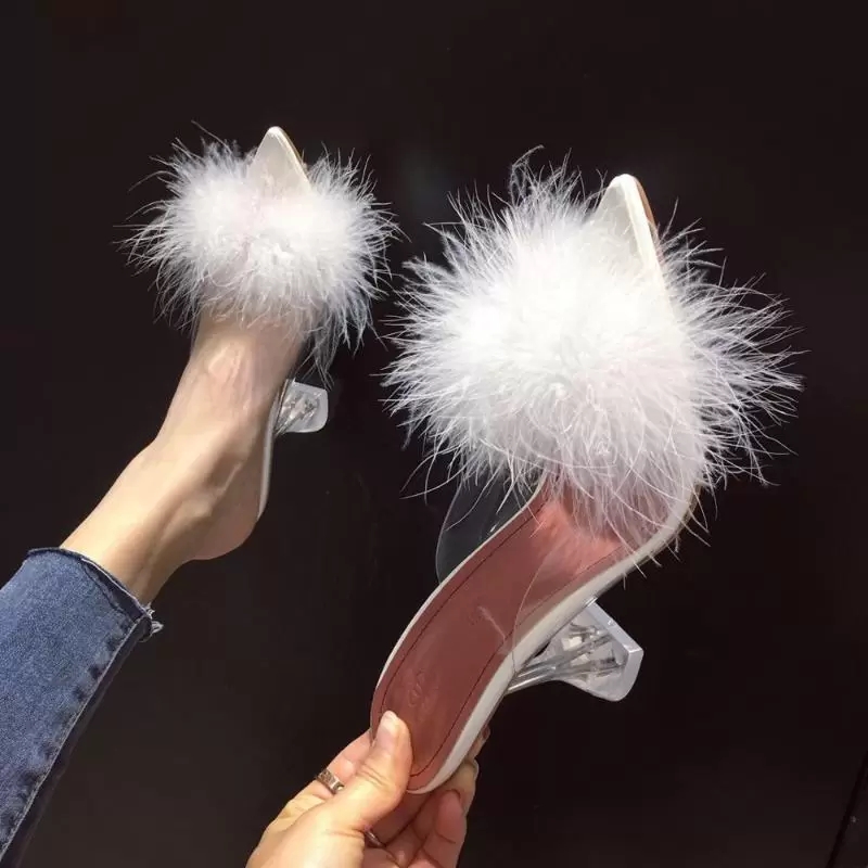 Dress Shoes Summer Woman Pumps PVC Transparent Feather Perspex Crystal High Heels Fur Peep Toe Mules Slippers Ladies Slides, Rosy red
Dress Shoes Summer Woman Pumps PVC Transparent Feather Perspex Crystal High Heels Fur Peep Toe Mules Slippers Ladies Slides, Rosy red