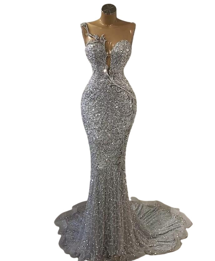 Sparkly Sequined Silver Mermaid Prom Dresses 2023 Aso Ebi Arabic sheer Jewel Neck African Beaded Evening engagement Gowns