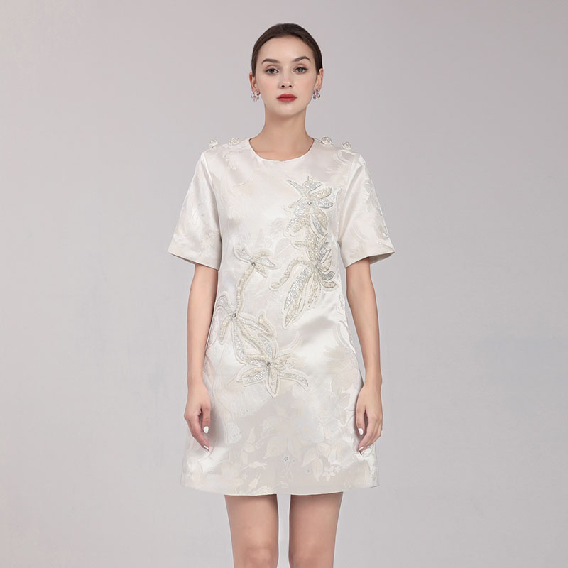 Casual Dresses Casual skirt round neck loose sleeve irregular cloth embroidered beading, White
Casual Dresses Casual skirt round neck loose sleeve irregular cloth embroidered beading, White