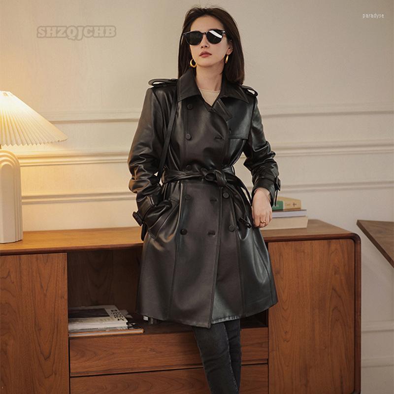 Women's Leather Genuine Windbreaker Loose Lapel Double Breasted Lace Up Sheepskin Long Coat For Women, Black 
Women's Leather Genuine Windbreaker Loose Lapel Double Breasted Lace Up Sheepskin Long Coat For Women, Black