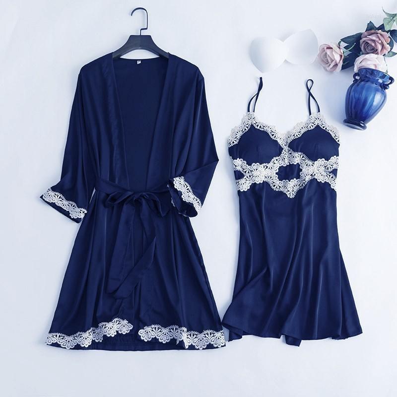 Women's Sleepwear Women Kimono Dressing Robe Gown 2pcs Sexy Lace Set Suspender Bathrobe Nightdress With Pads Summer Home Dress, Navy blue b 
Women's Sleepwear Women Kimono Dressing Robe Gown 2pcs Sexy Lace Set Suspender Bathrobe Nightdress With Pads Summer Home Dress, Navy blue b