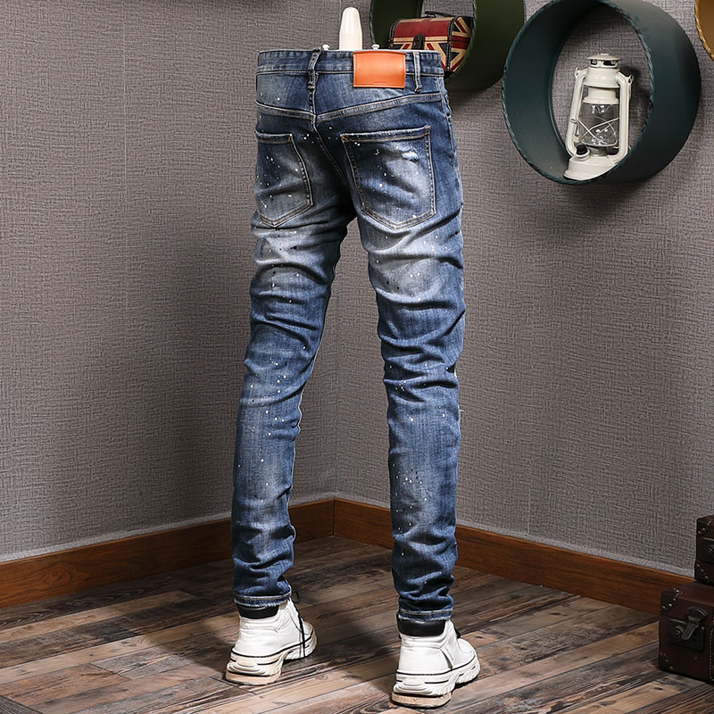 Man Motocycle Jeans Super Damage Dark Wash Blue Cowboy Patches Denim Cotton