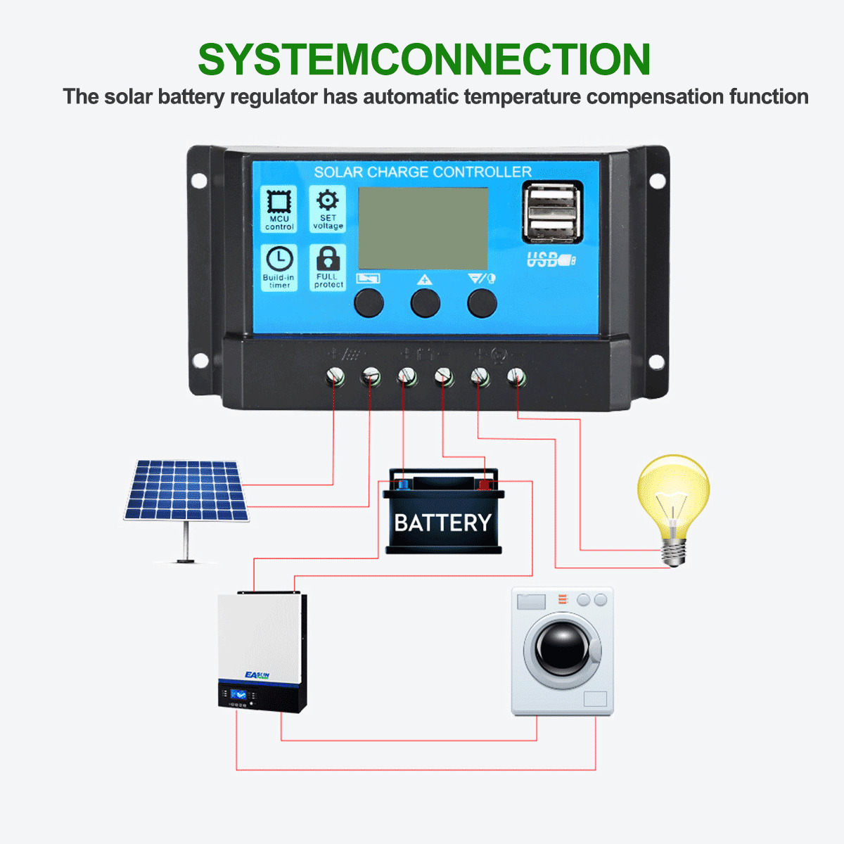 Solar Panels PWM 12V24V Adaptive Solar Controller 10A 20A 30A 40A 50A 60A 70A 80A 100A Battery Charge and Discharge USB PV Plate Controllor 221104