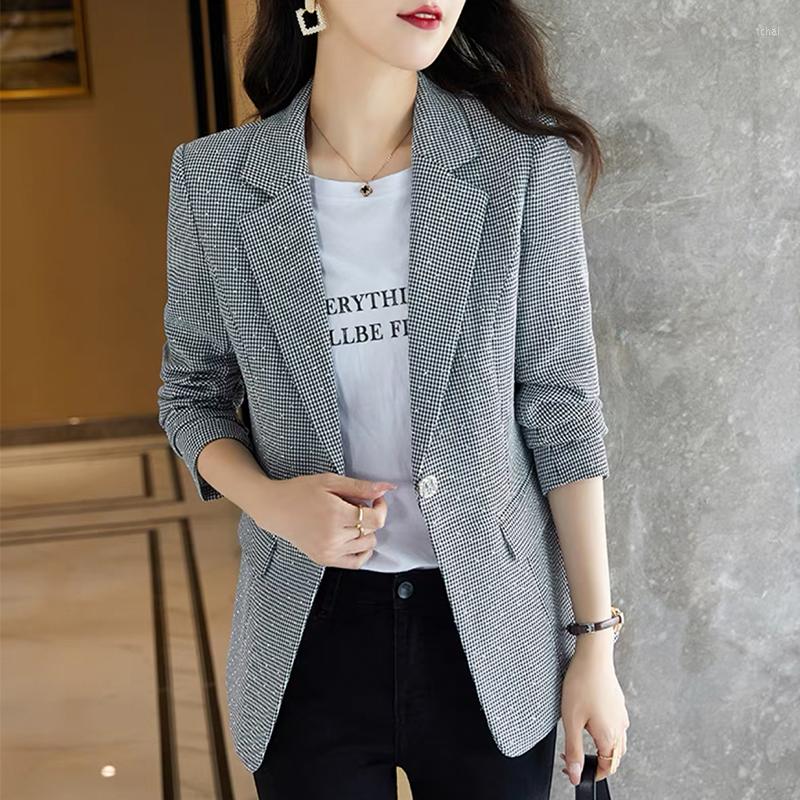 

Women's Suits Women Elegant Plaid Blazer Long Sleeve Single Button Slim Houndstooth Coat Formal Office Work Jacket Outerwear Shiny Chic Tops, Apricot plaid