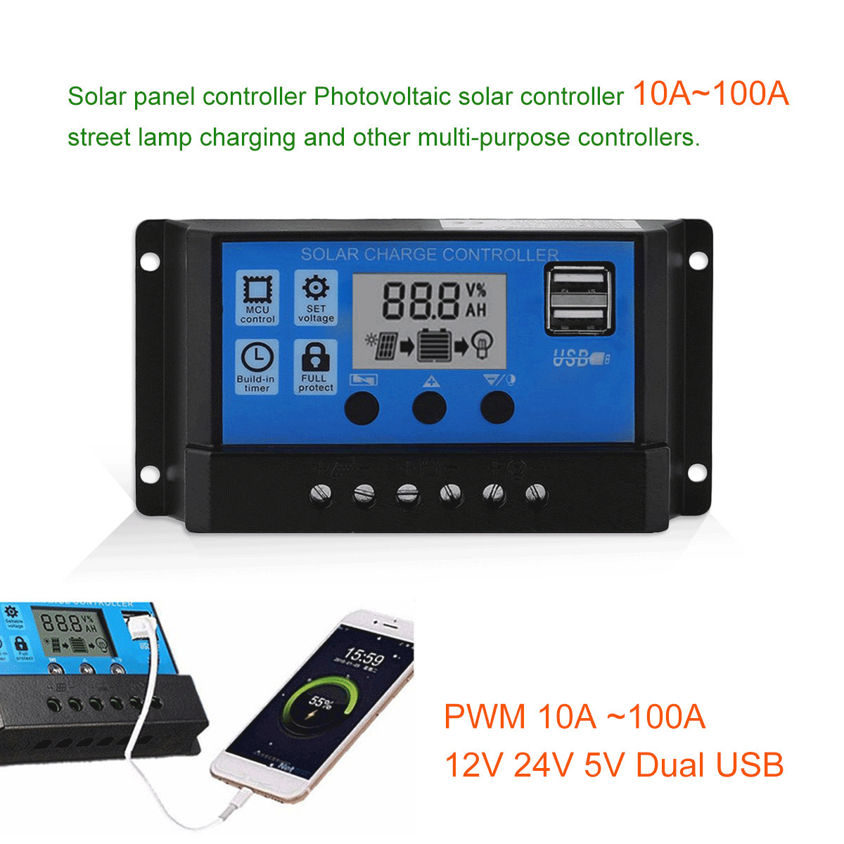 Solar Panels PWM 12V24V Adaptive Solar Controller 10A 20A 30A 40A 50A 60A 70A 80A 100A Battery Charge and Discharge USB PV Plate Controllor 221104